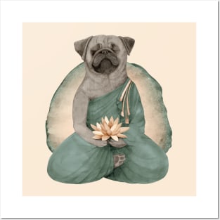 meditating pug with lotus flower 3 Posters and Art